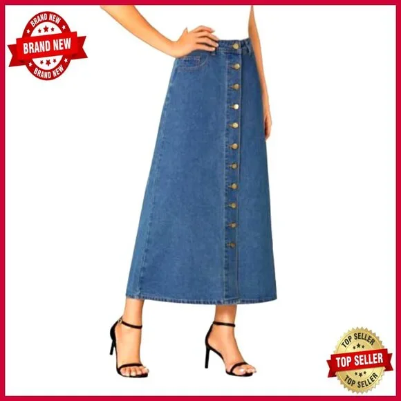 A Line Denim Midi Skirt High Waist Button Down Casual Elegant Retro Chic - Picture 4 of 7